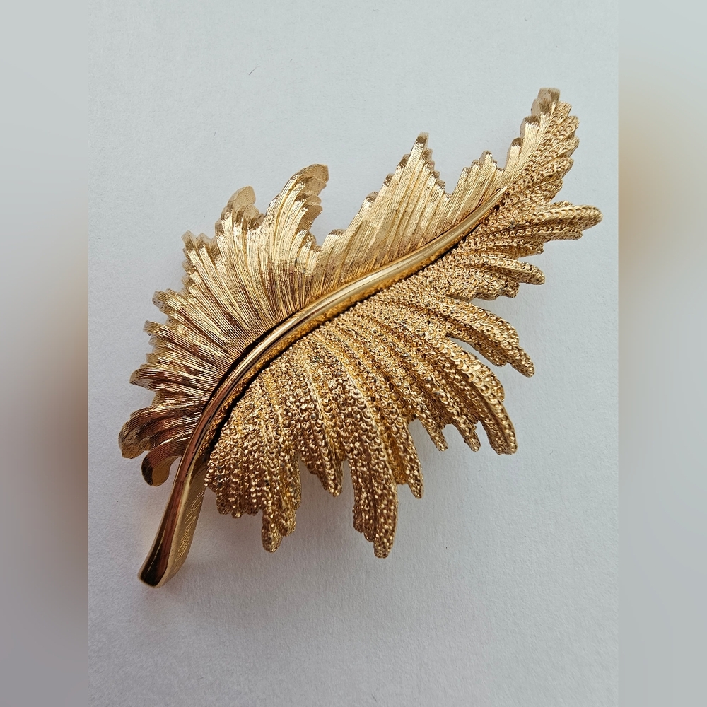 Vintage Monet Textured Gold Leaf Brooch 1960s MCM Large Statement Pin